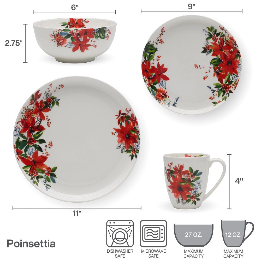 Winter Poinsettia 16 Piece Dinnerware Set, Service for 4
