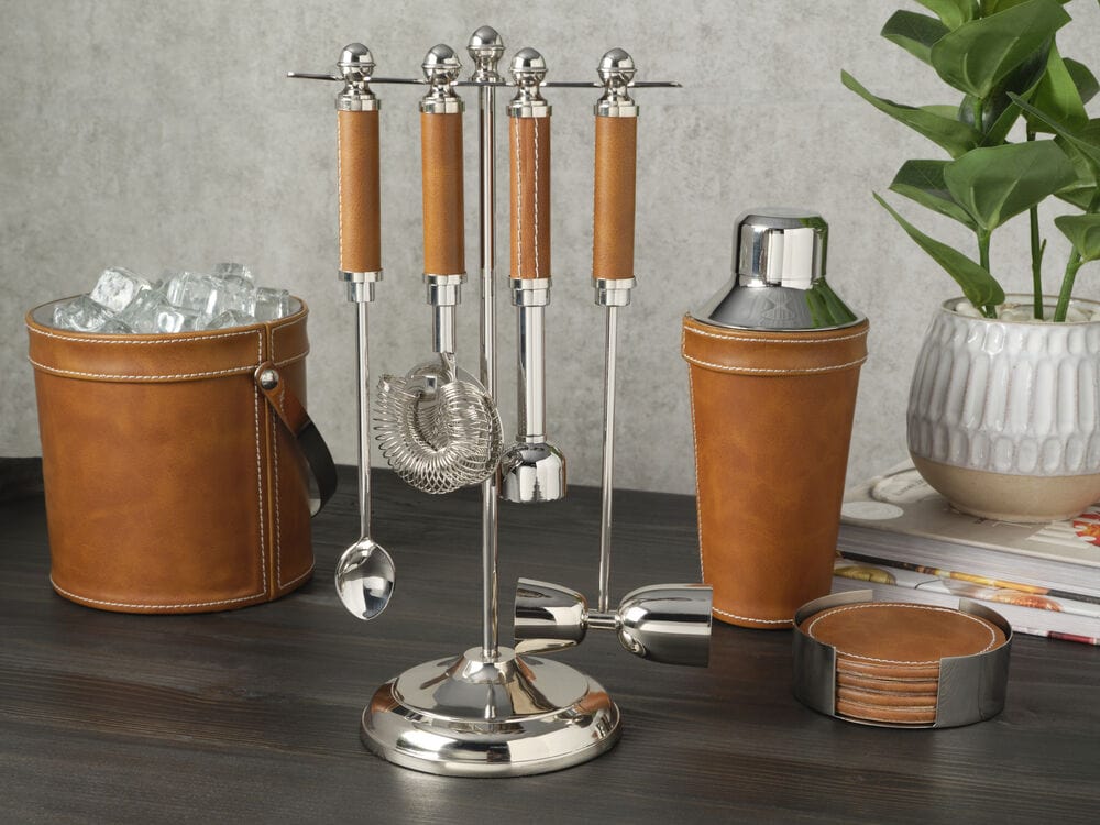 Faux Leather Stitched 5 Piece Bar Tool Set
