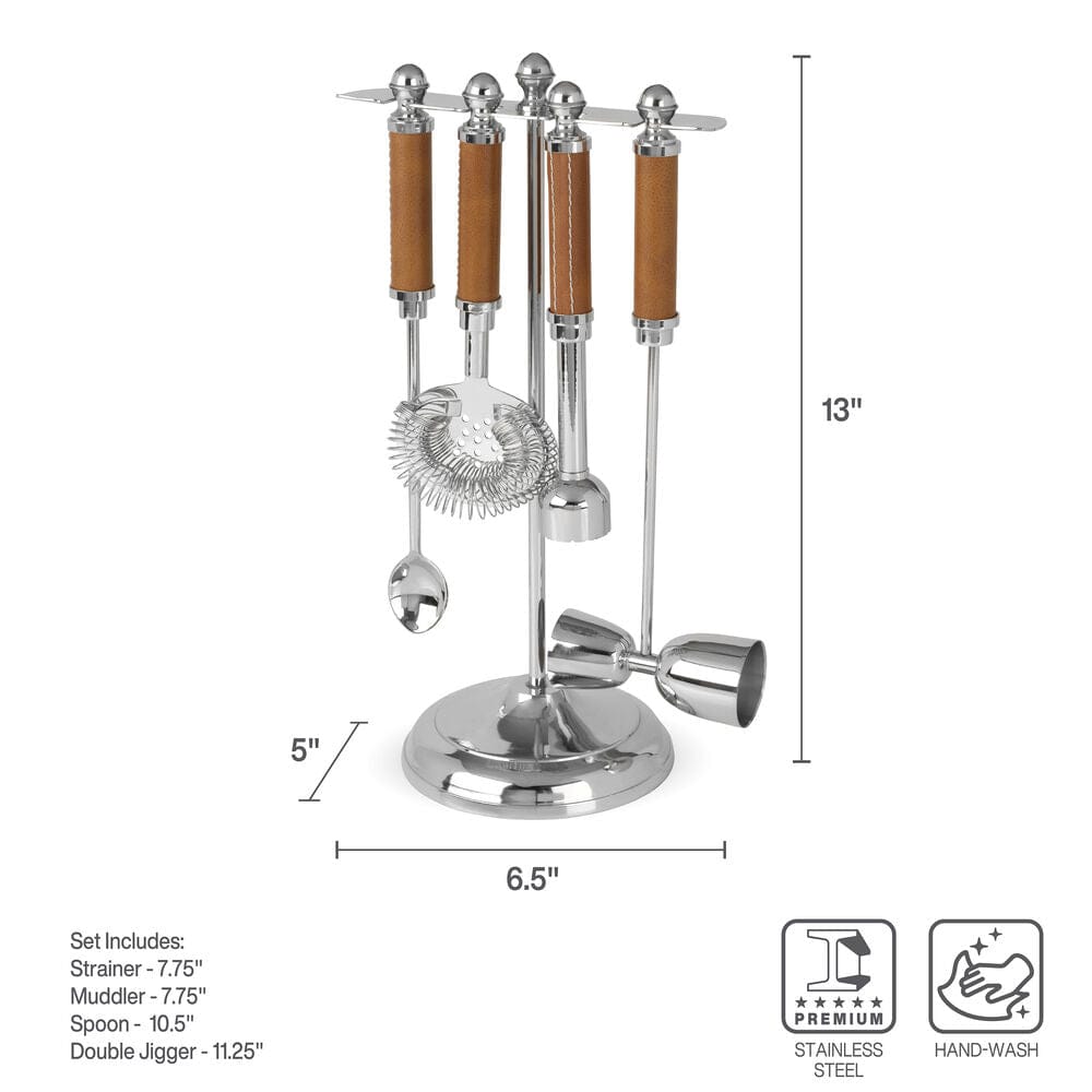 Faux Leather Stitched 5 Piece Bar Tool Set