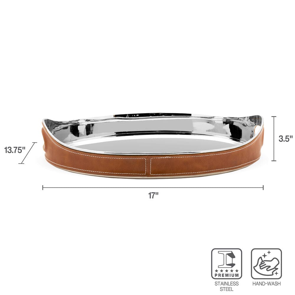 Faux Leather Stitched Oval Serving Bar Tray