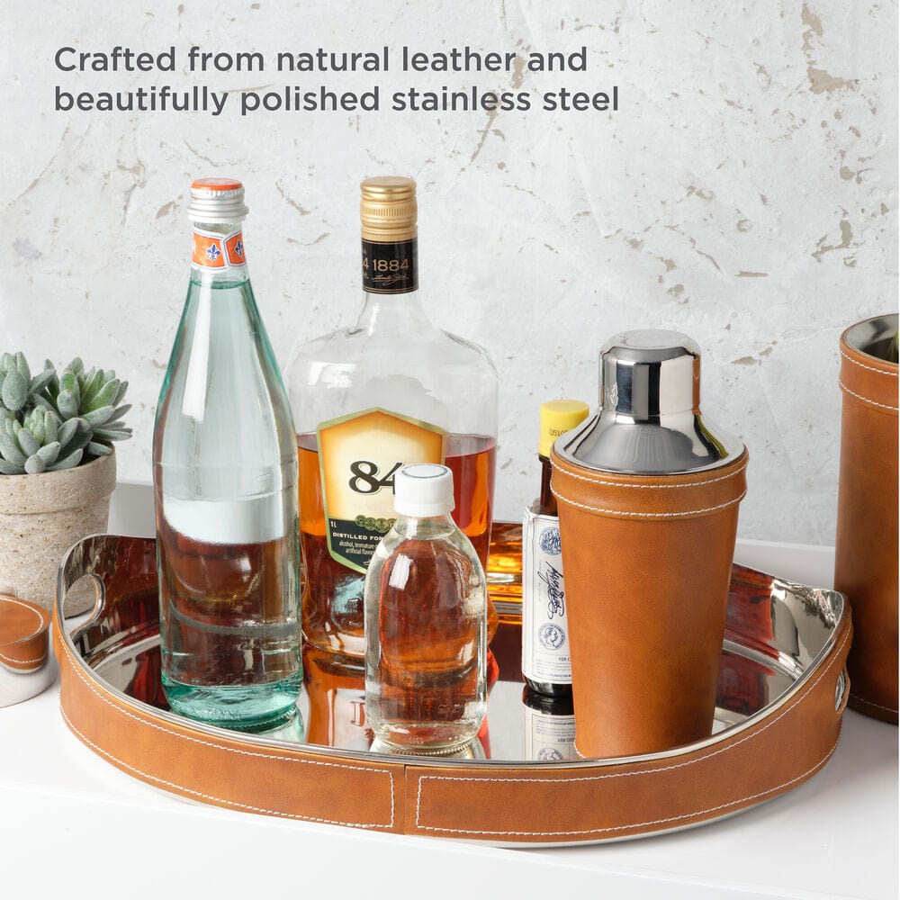Faux Leather Stitched Oval Serving Bar Tray