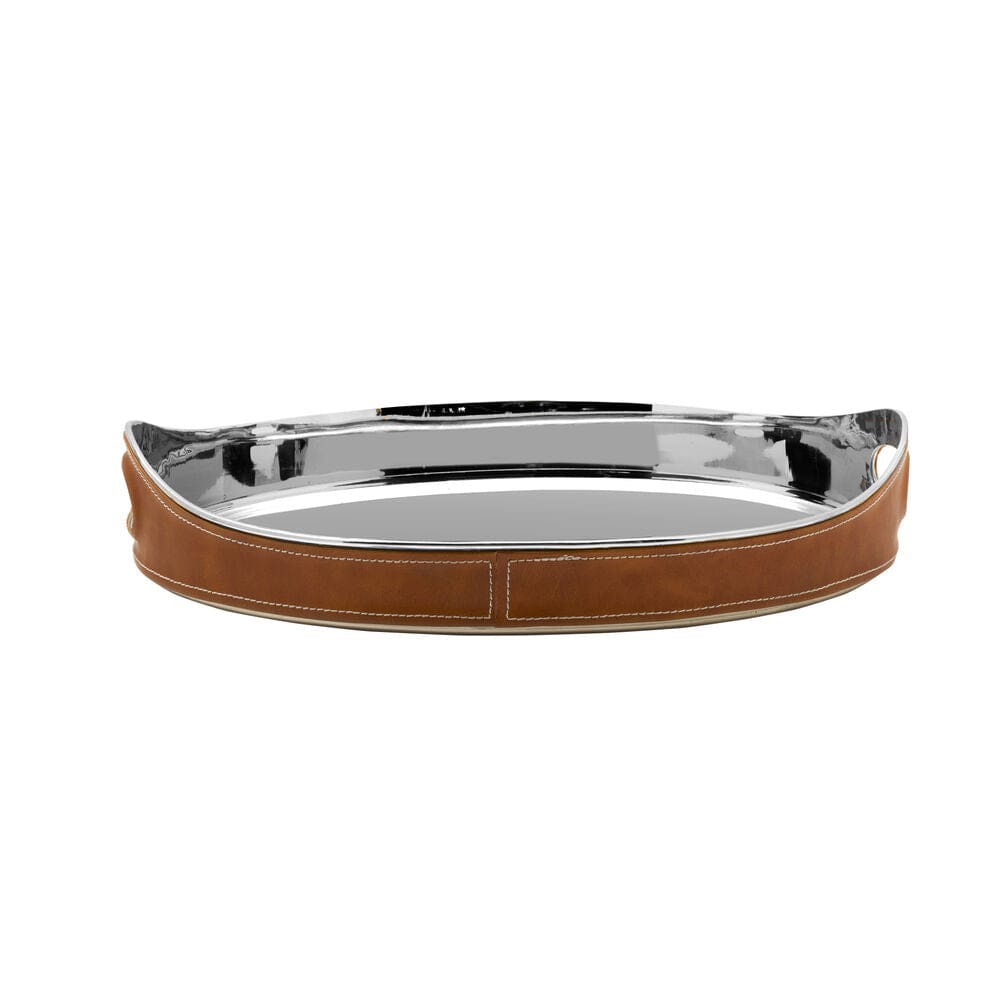 Faux Leather Stitched Oval Serving Bar Tray