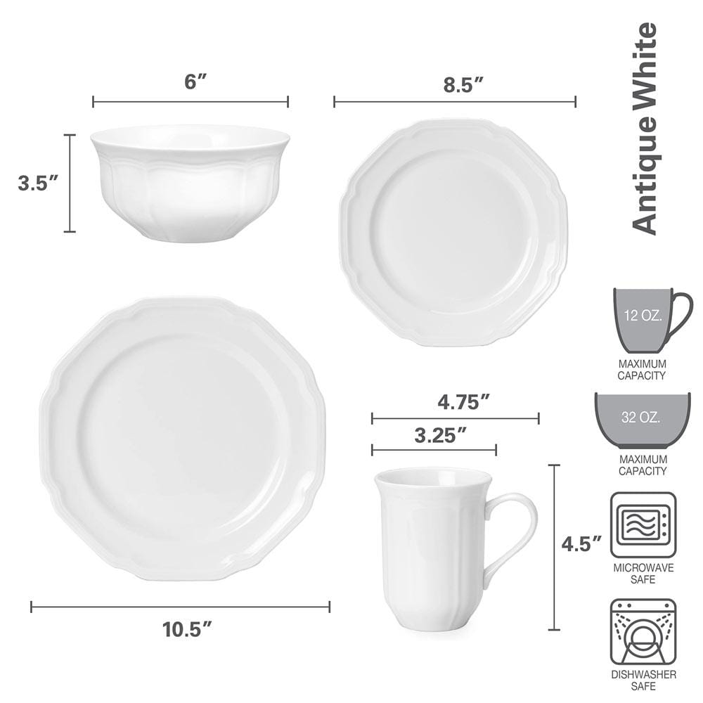 Antique White 16 Piece Dinnerware Set, Service for 4