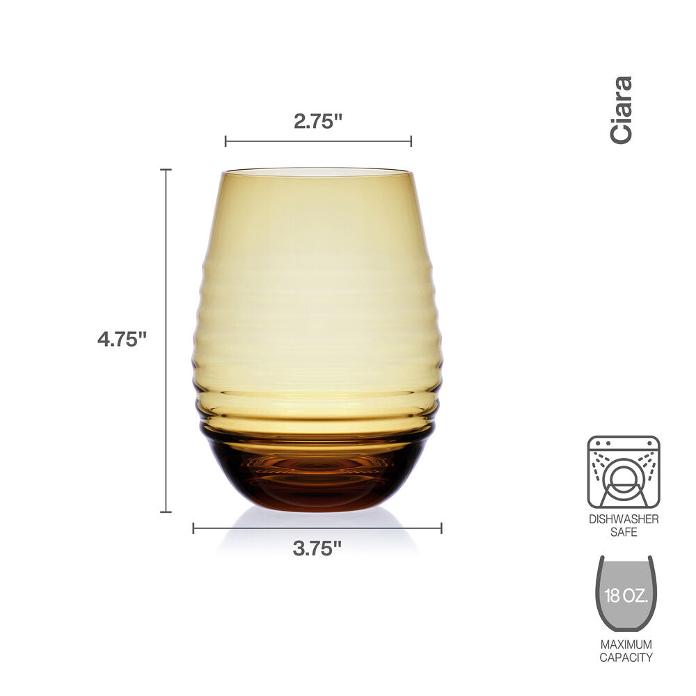 Ciara Amber Set of 4 Stemless Wine Glasses