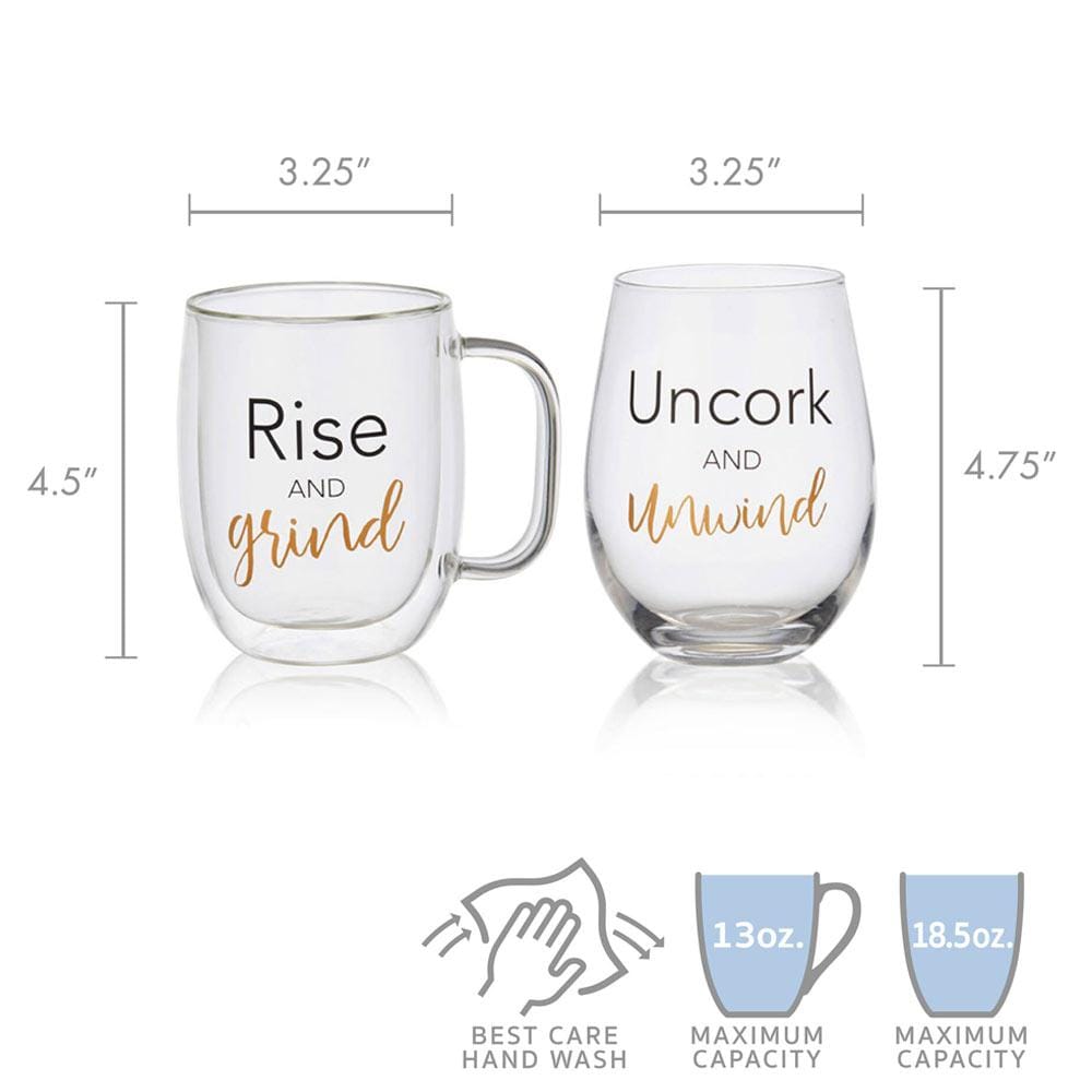 Double Wall Mug and Stemless Wine Glass Set of 2, Rise and Unwind Sentiments