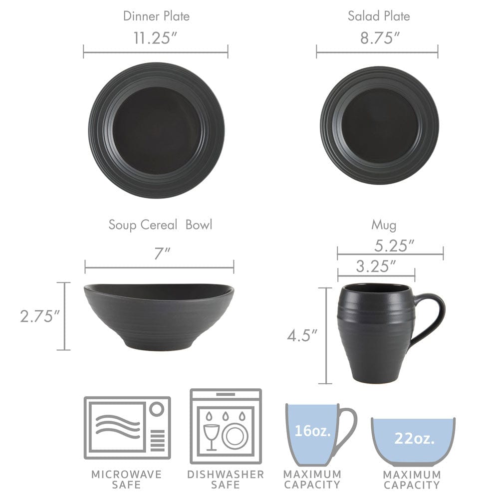 Swirl Graphite 16 Piece Dinnerware Set, Service for 4