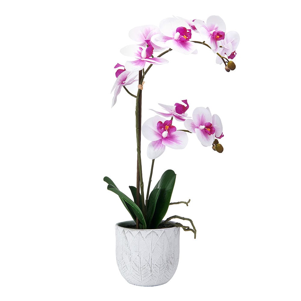 22 Inch Faux Orchid in White Leaf Pot, White and Fuchsia