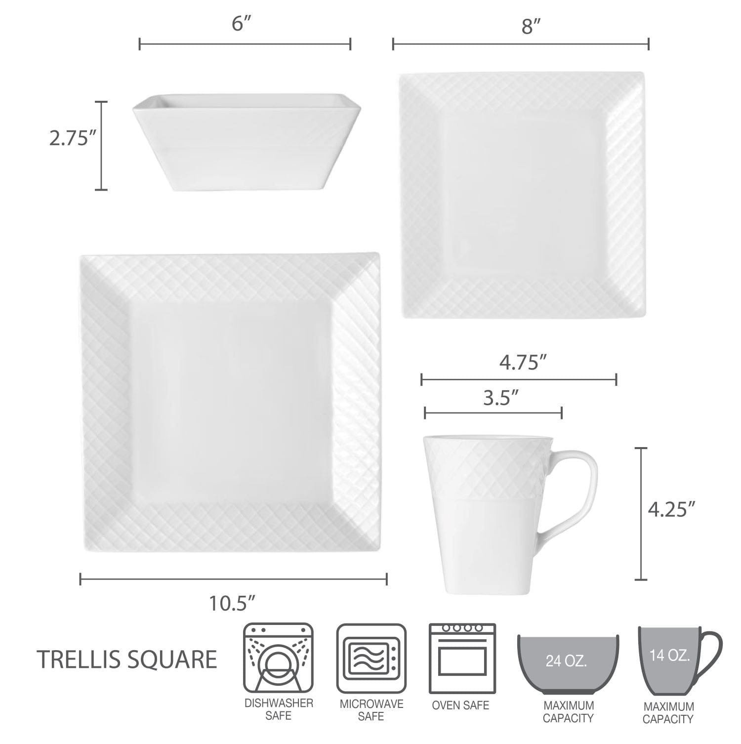 Trellis White Square 16 Piece Dinnerware Set, Service for 4