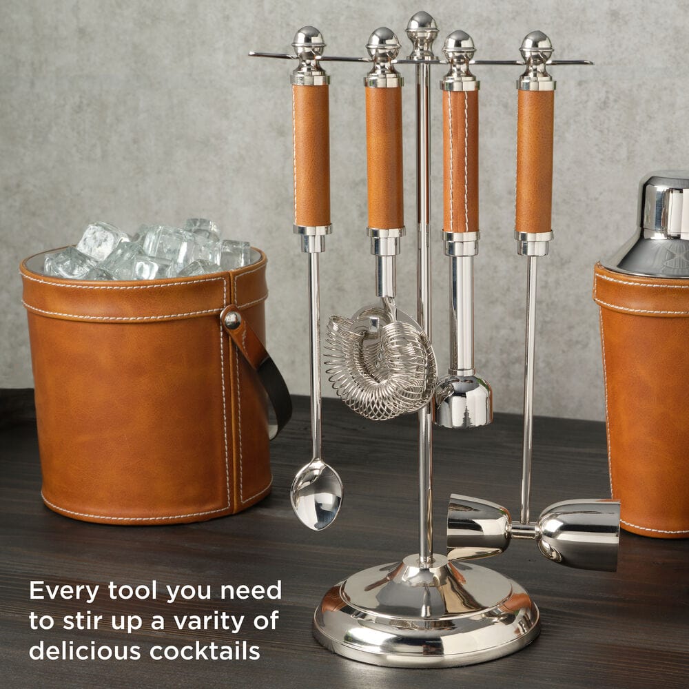 Faux Leather Stitched 5 Piece Bar Tool Set
