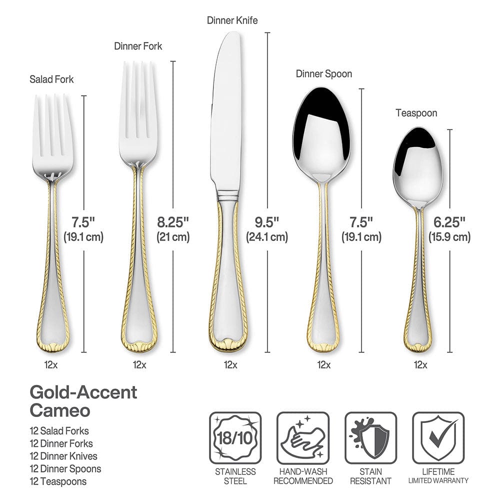 Cameo Gold 65 Piece Flatware Set, Service for 12