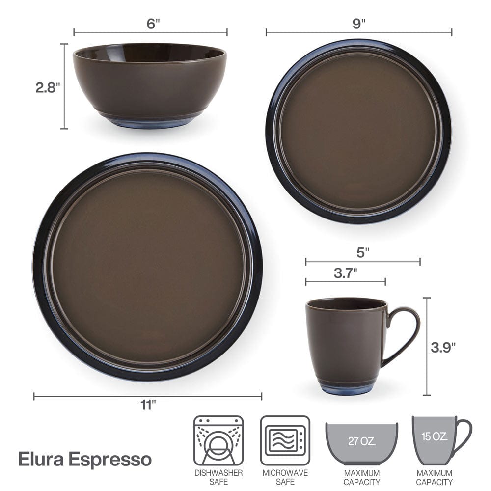 Elura Espresso 16 Piece Dinnerware Set, Service for 4