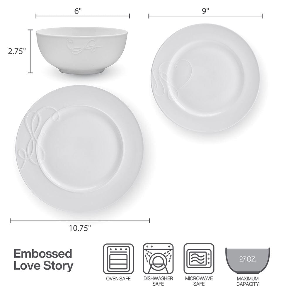 Love Story White 18 Piece Dinnerware Set, Service for 6