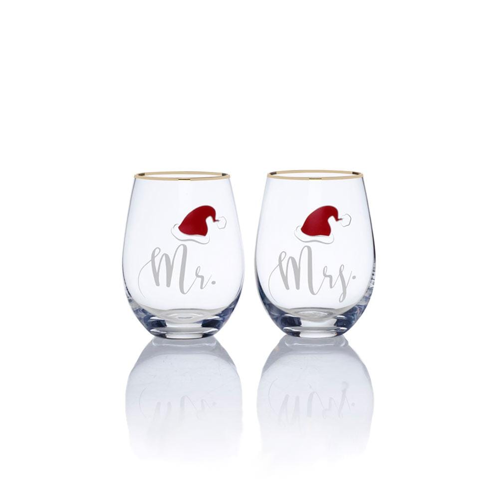 Stemless Gifts Mr And Mrs Santa Hat Stemless Wine Set of 2