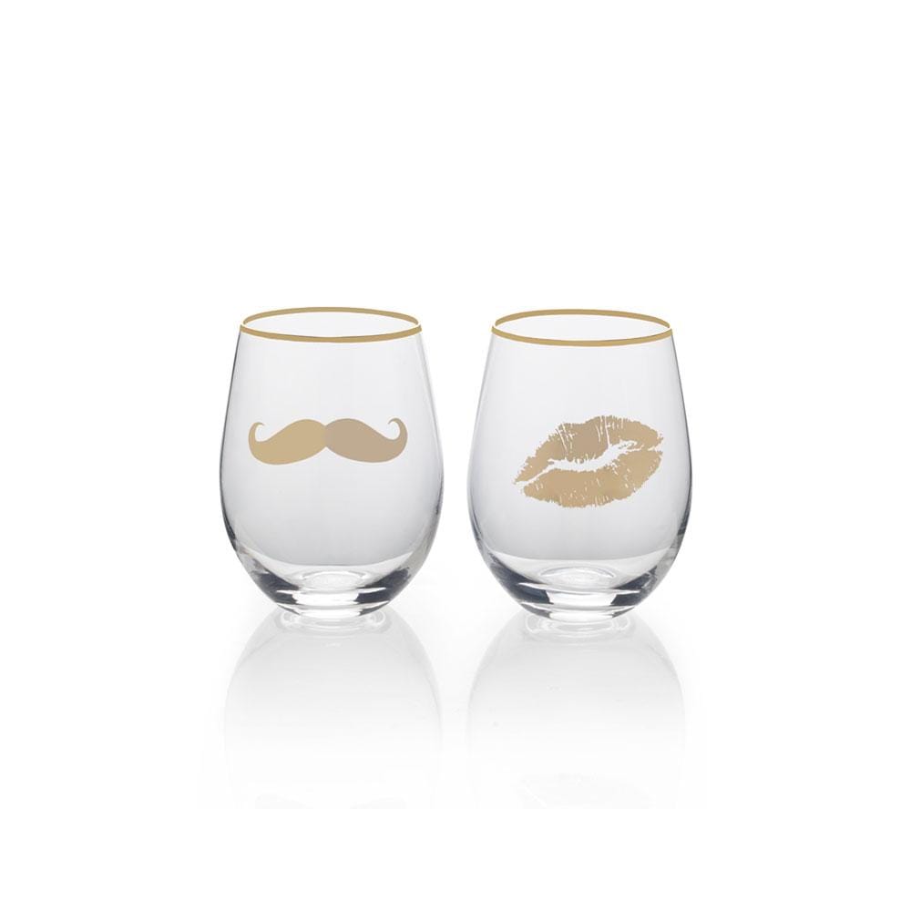 Stemless Gifts Mustache and Lips Stemless Wine Set of 2