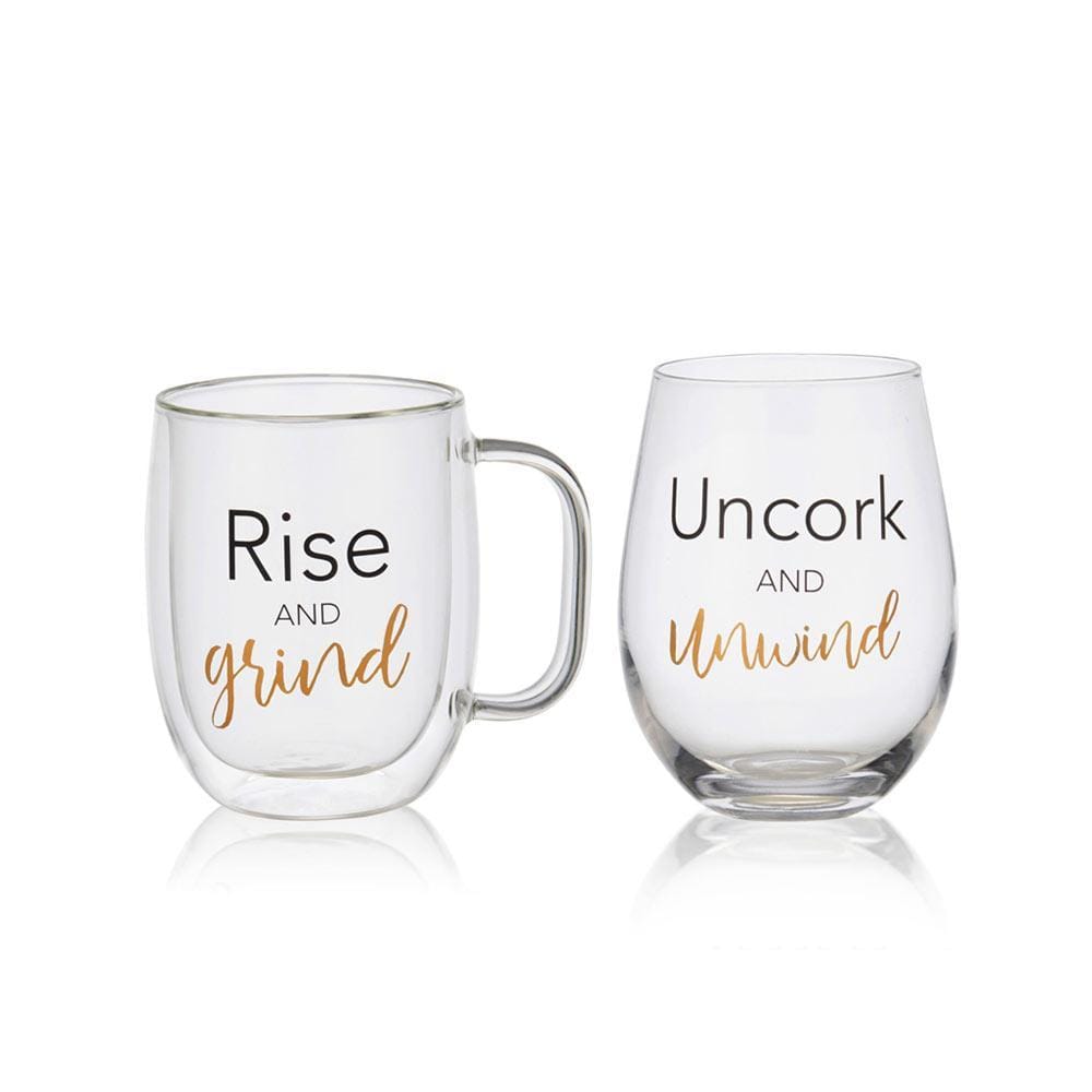 Double Wall Mug and Stemless Wine Glass Set of 2, Rise and Unwind Sentiments
