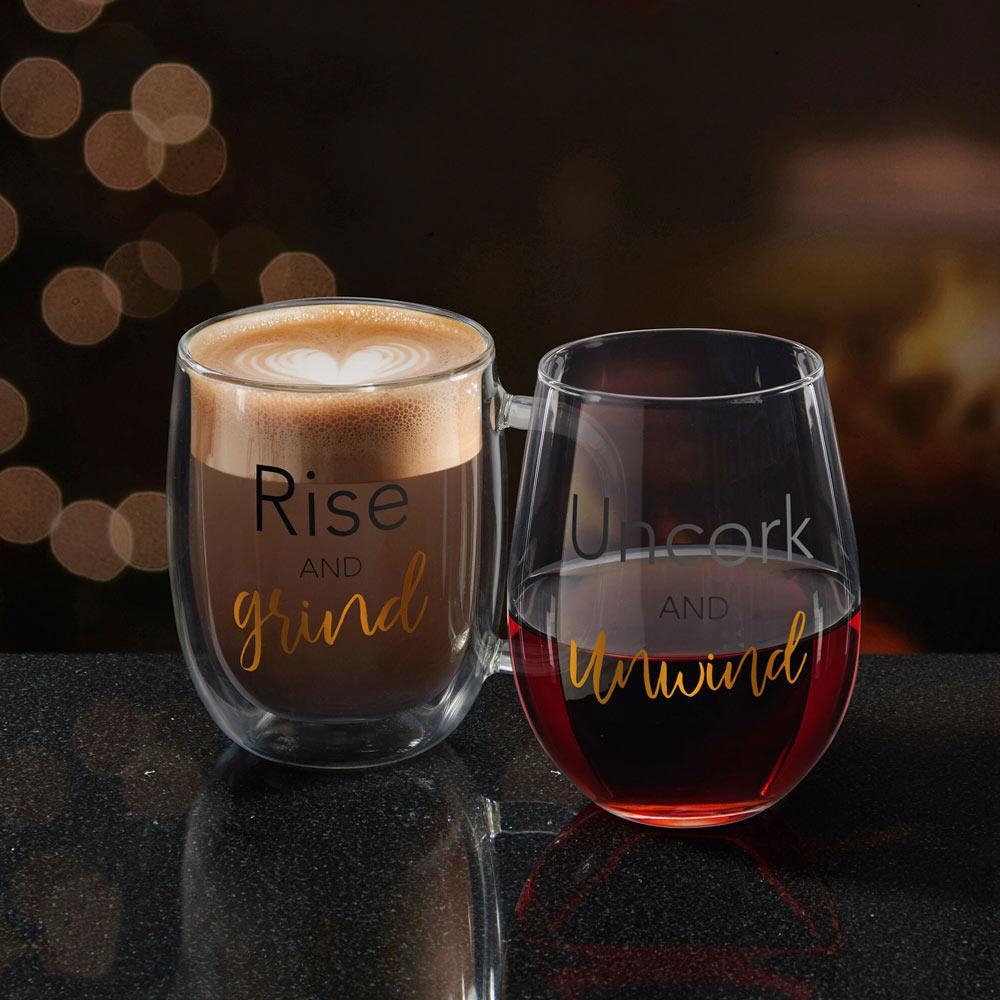 Double Wall Mug and Stemless Wine Glass Set of 2, Rise and Unwind Sentiments