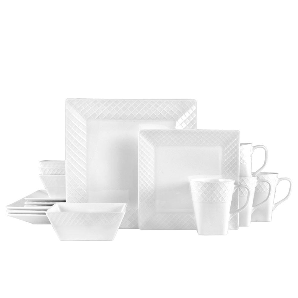 Trellis White Square 16 Piece Dinnerware Set, Service for 4