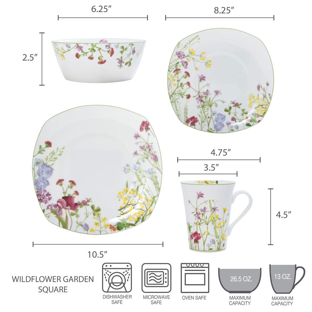 Wildflower Garden Square 16 Piece Dinnerware Set, Service for 4